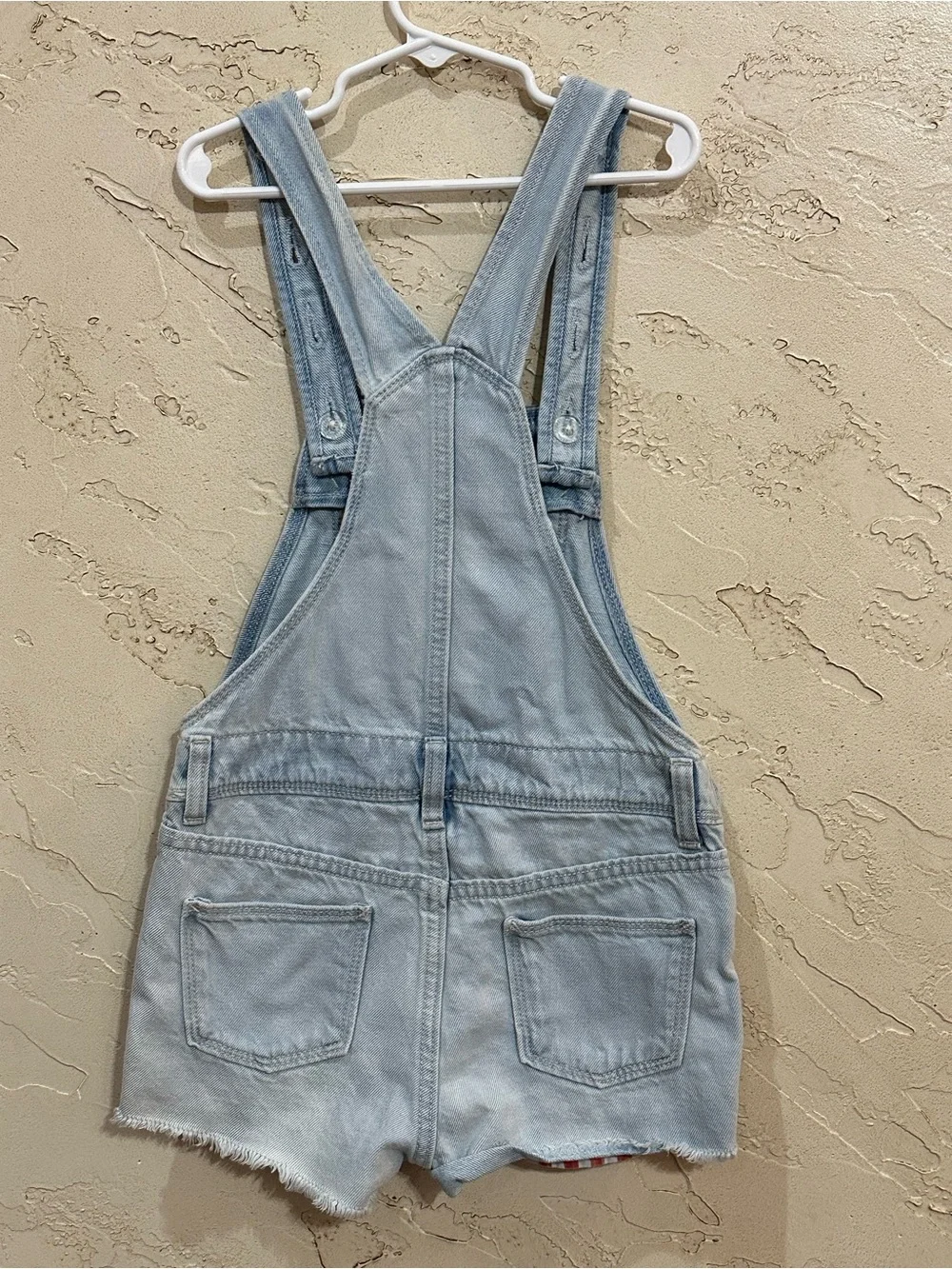 Old Navy Light Wash Distressed Girls Denim Short Overalls Patriotic Pockets Sz M